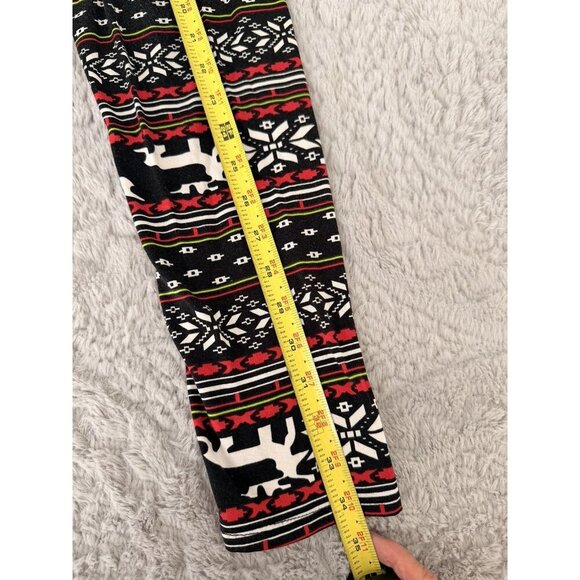 One Size Juniors Christmas Reindeer Fair Isle Leggings Black Red Snowflake - Picture 2 of 5